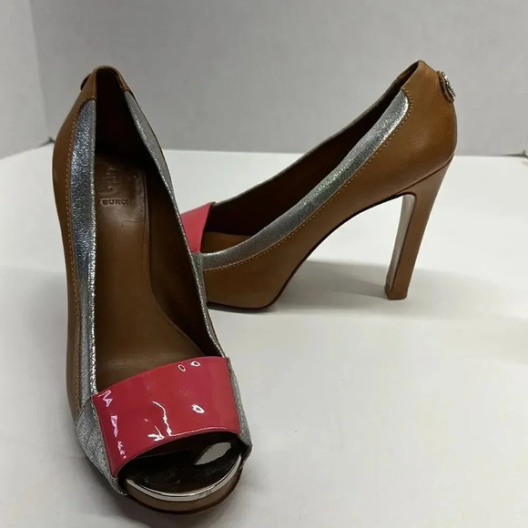 Tory Burch Runway Cluny High Heel Shoes Pumps Open Toe Leather Brown Pink 9.5 - Picture 1 of 14